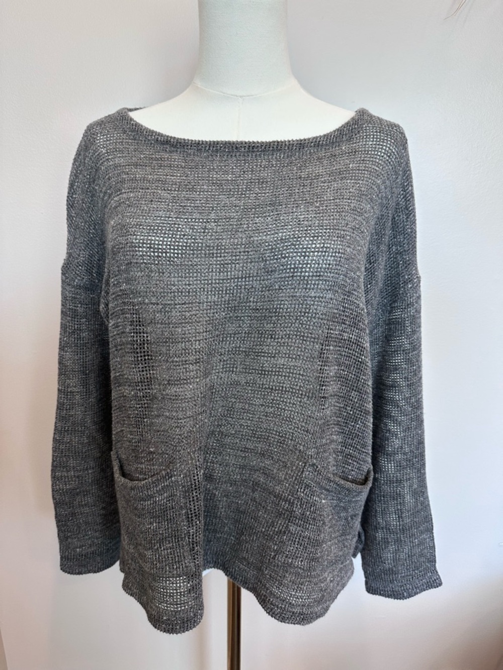 Eileen Fisher Grey Waffle Open Knit 100% Cotton Sweater Size S